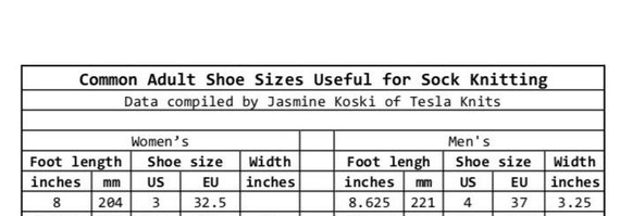 Sock Size Chart Knitting