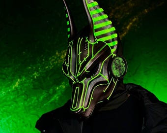 Cyberpunk Anubis Mask: UV Glow, Metallic Egyptian Cosplay Costume