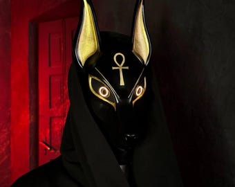 Black Anubis Mask with Gold leaf & LED Egyptian God Costume