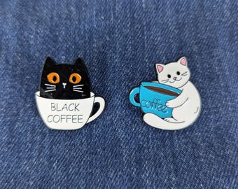 Cat Coffee Enamel Pin Set – Funny Black & White Cat Lapel Pins