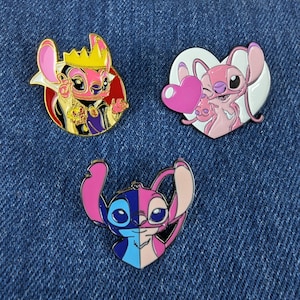 3pcs Disney Lilo & Stitch Enamel Pin Set Evil Queen, Angel Kissing Stitch, Stitch Angel Cartoon Brooches for Backpacks, Jackets, or Gifts.