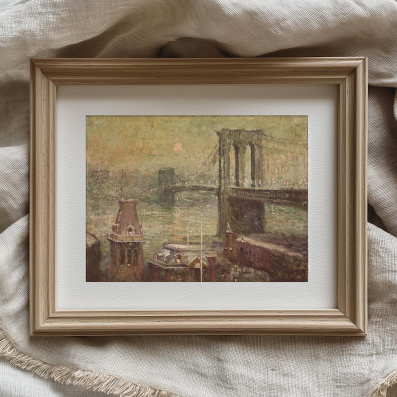Brooklyn Bridge kunst aan de muur, vintage New York print, NYC skyline artwork, historische stad schilderij, humeurig stedelijk decor, retro NYC Home decor, vintage New York print afbeelding 6