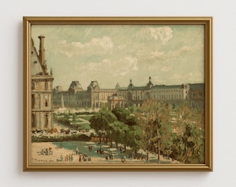 Vintage schilderij Parijse tuin, klassiek Europees decor, kunst aan de muur Franse architectuur, poster historisch stadsgezicht, afdrukken voor galeriewand