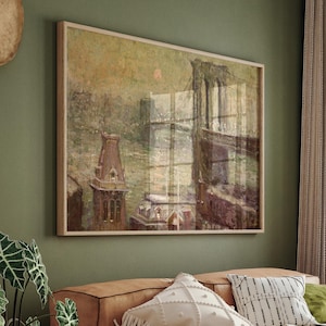 Brooklyn Bridge kunst aan de muur, vintage New York print, NYC skyline artwork, historische stad schilderij, humeurig stedelijk decor, retro NYC Home decor, vintage New York print afbeelding 3