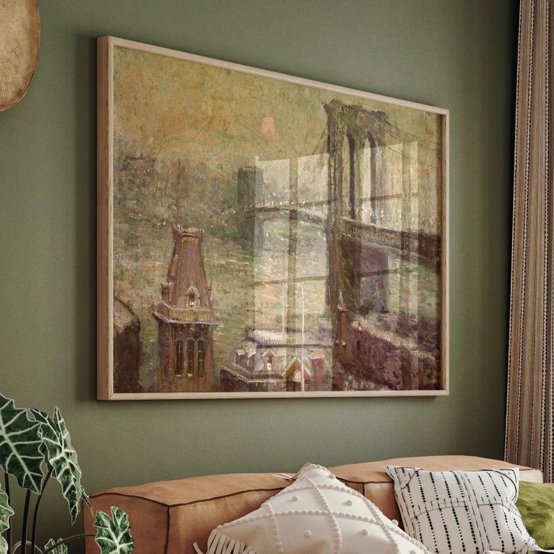 Brooklyn Bridge kunst aan de muur, vintage New York print, NYC skyline artwork, historische stad schilderij, humeurig stedelijk decor, retro NYC Home decor, vintage New York print afbeelding 3