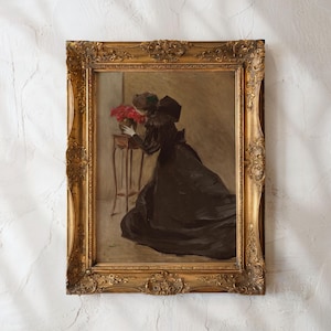 Elegant Victorian Woman in Black – Vintage Art Print of Lady Smelling Red Flowers, Moody Vintage Wall Art, Antique Feminine Home Decor