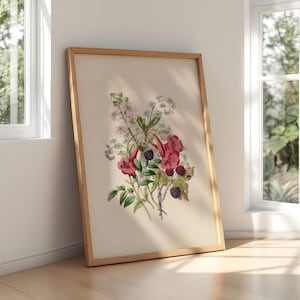 Vintage Botanical Berry & Wildflower Print - Antique Floral Illustration with Roses, Blackberries, and Cottagecore Garden Charm