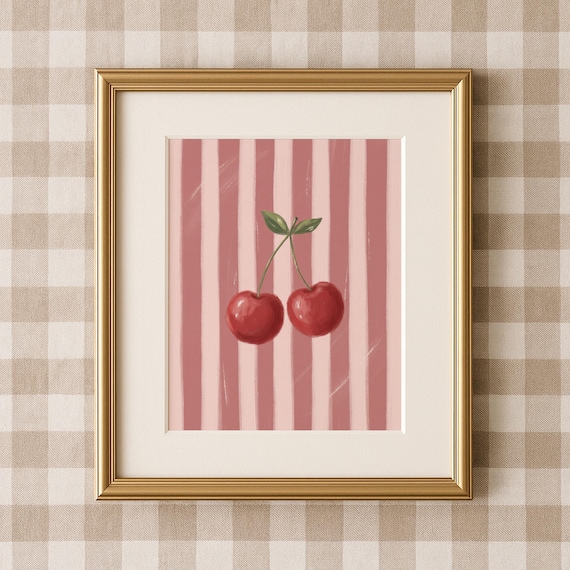 Vintage Cherry Wall Art Print Poster - Red Fruit Illustration - Retro Striped Background Kitchen Decor - Cottagecore Art