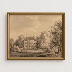 Antique Manor House Art Print, Sepia English Estate Illustration, Vintage Country Home Wall Decor, Historic Architecture Landscape Poster