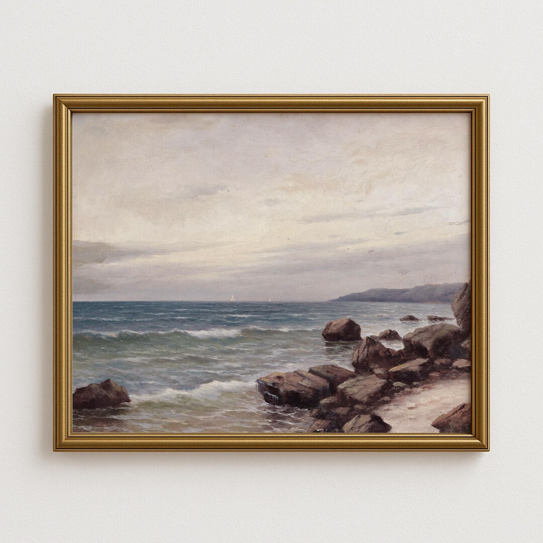 Vintage Coastal Wall Art Painting, Muted Seascape Beach House Decor ...