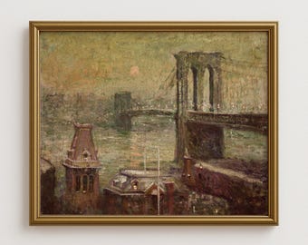 Väggkonst av Brooklyn Bridge, Vintage New York-tryck, konstverk av New Yorks silhuett, historisk stadsmålning, stämningsfull urban inredning, retro heminredning i New York