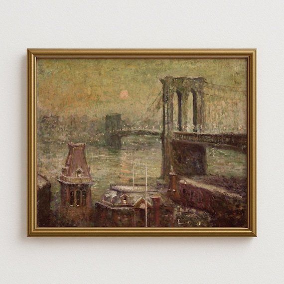 Brooklyn Bridge Wall Art, Vintage New York Print, NYC Skyline Artwork, Historic City Painting, Moody Urban Decor, Retro NYC Home Decor