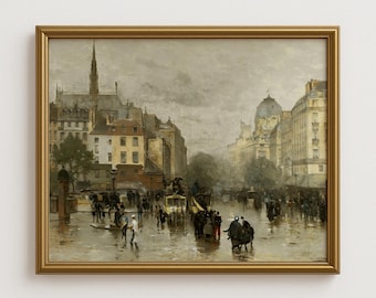 May include: A framed vintage oil painting depicts a rainy Parisian street scene. The artwork features a gold frame and showcases buildings, people, and horse-drawn carriages. The color palette is muted with shades of gray, brown, and beige.