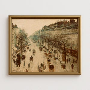 Vintage Paris Boulevard Art Print, antieke stad straatbeeld, stedelijke architectuur schilderij, stadsgezicht kunst aan de muur, Frans reisdecor