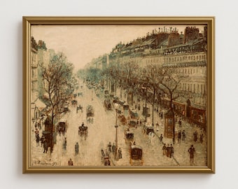 May include: An antique framed painting depicts a bustling city street scene. The artwork, in muted tones, showcases horse-drawn carriages, pedestrians, and buildings lining the street. The painting is in a gold-colored frame.