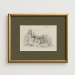Vintage Pencil Sketch Matted Print, Moody Countryside Drawing, Rustic Architectural Farmhouse Artwork for Living Room Decor