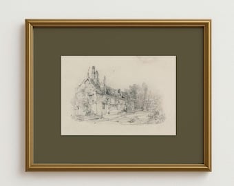 Vintage potloodschets gematteerde print, humeurige plattelandstekening, rustiek architectonisch boerderijkunstwerk voor woonkamerdecoratie
