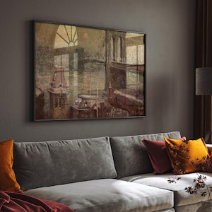 Brooklyn Bridge kunst aan de muur, vintage New York print, NYC skyline artwork, historische stad schilderij, humeurig stedelijk decor, retro NYC Home decor, vintage New York print afbeelding 4