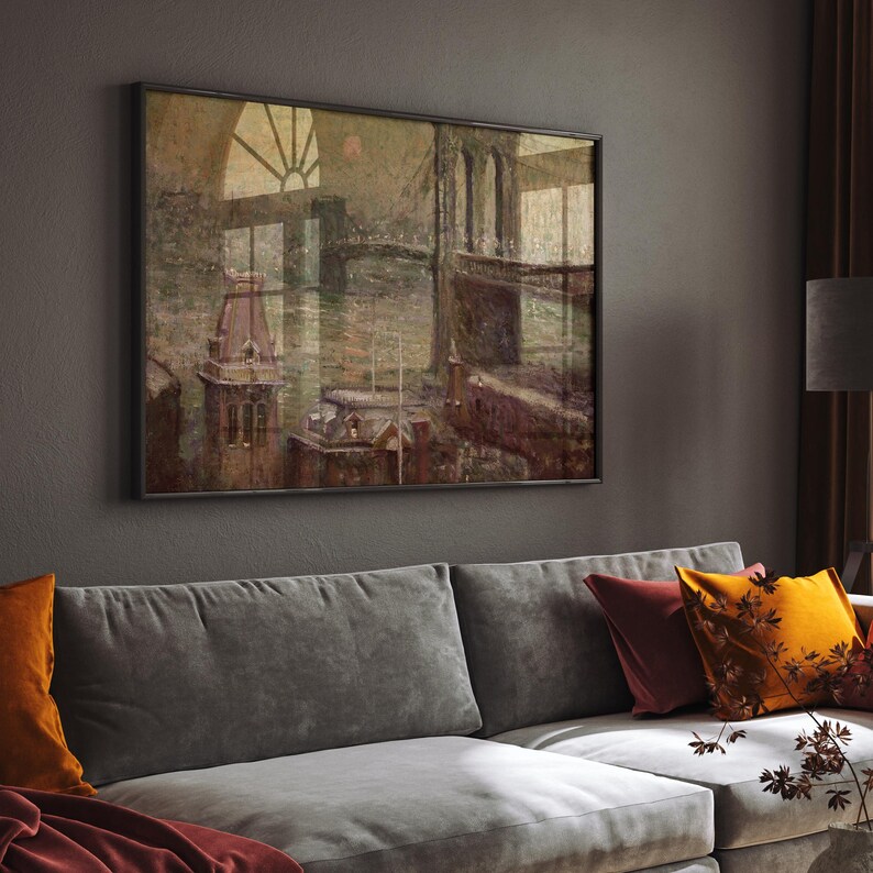 Brooklyn Bridge kunst aan de muur, vintage New York print, NYC skyline artwork, historische stad schilderij, humeurig stedelijk decor, retro NYC Home decor, vintage New York print afbeelding 4