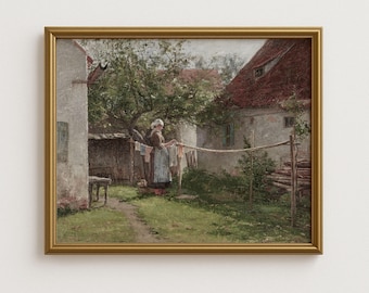Vintage Bauernhaus Kunstdruck – Frau im Hof, europäische ländliches Motiv