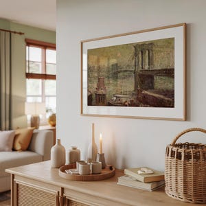 Brooklyn Bridge kunst aan de muur, vintage New York print, NYC skyline artwork, historische stad schilderij, humeurig stedelijk decor, retro NYC Home decor, vintage New York print afbeelding 8