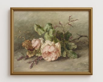 Vintage Floral Still Life Print, Soft Rose Botanical Art, Romantic Flower Painting, Antique Watercolor Wall Decor, Elegant Garden Poster