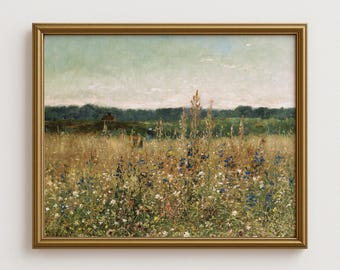 Vintage wilde bloemen veldkunstdruk, landelijk weidelandschap