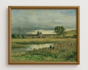 Impresión de pintura de paisaje francés vintage, arte mural campestre, decoración rústica de granja, escena de pueblo, impresión de arte pastoral europeo