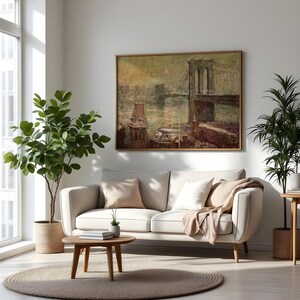 Brooklyn Bridge kunst aan de muur, vintage New York print, NYC skyline artwork, historische stad schilderij, humeurig stedelijk decor, retro NYC Home decor, vintage New York print afbeelding 9