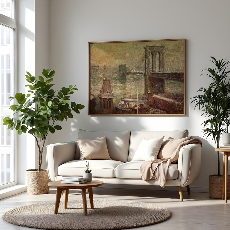 Brooklyn Bridge kunst aan de muur, vintage New York print, NYC skyline artwork, historische stad schilderij, humeurig stedelijk decor, retro NYC Home decor, vintage New York print afbeelding 9