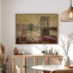 Brooklyn Bridge kunst aan de muur, vintage New York print, NYC skyline artwork, historische stad schilderij, humeurig stedelijk decor, retro NYC Home decor, vintage New York print afbeelding 7