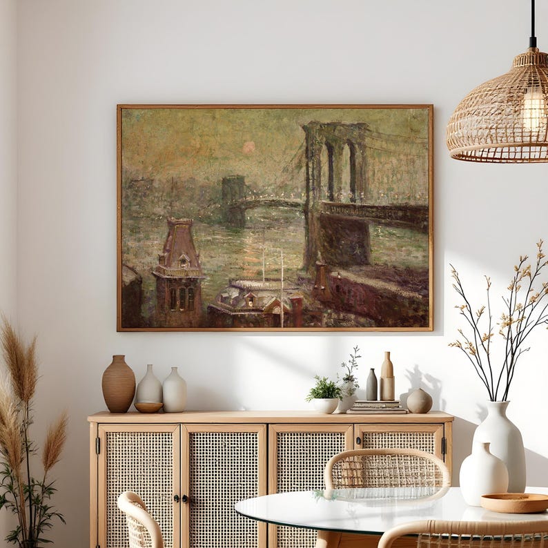 Brooklyn Bridge kunst aan de muur, vintage New York print, NYC skyline artwork, historische stad schilderij, humeurig stedelijk decor, retro NYC Home decor, vintage New York print afbeelding 7