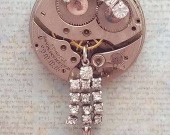 Long pocket watch necklace; Assemblage pocket watch necklace; Repurposed pocket watch necklace; Rhinestone embellished pocket watch