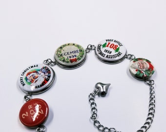 Christmas Button Bracelet; Pinback Button Bracelet; Handmade Christmas; Handcrafted Holiday Jewelry; Gift for Her;  Holiday 2022
