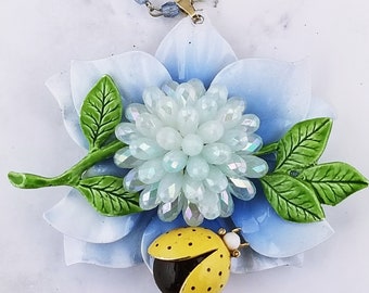 Handcrafted Flower Necklace; Blue Flower Necklace; Gift for her; Spring Jewelry; Ladybug Jewelry; Artisan Jewelry;  One of a kind, Artisan