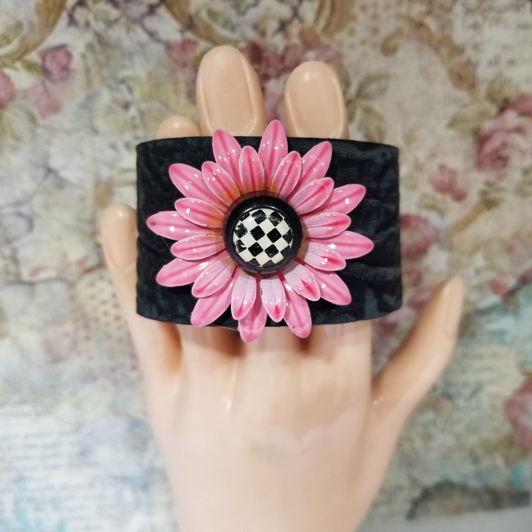 Handcrafted Cuff Bracelet Flowered Cuff Bracelet Leather Etsy