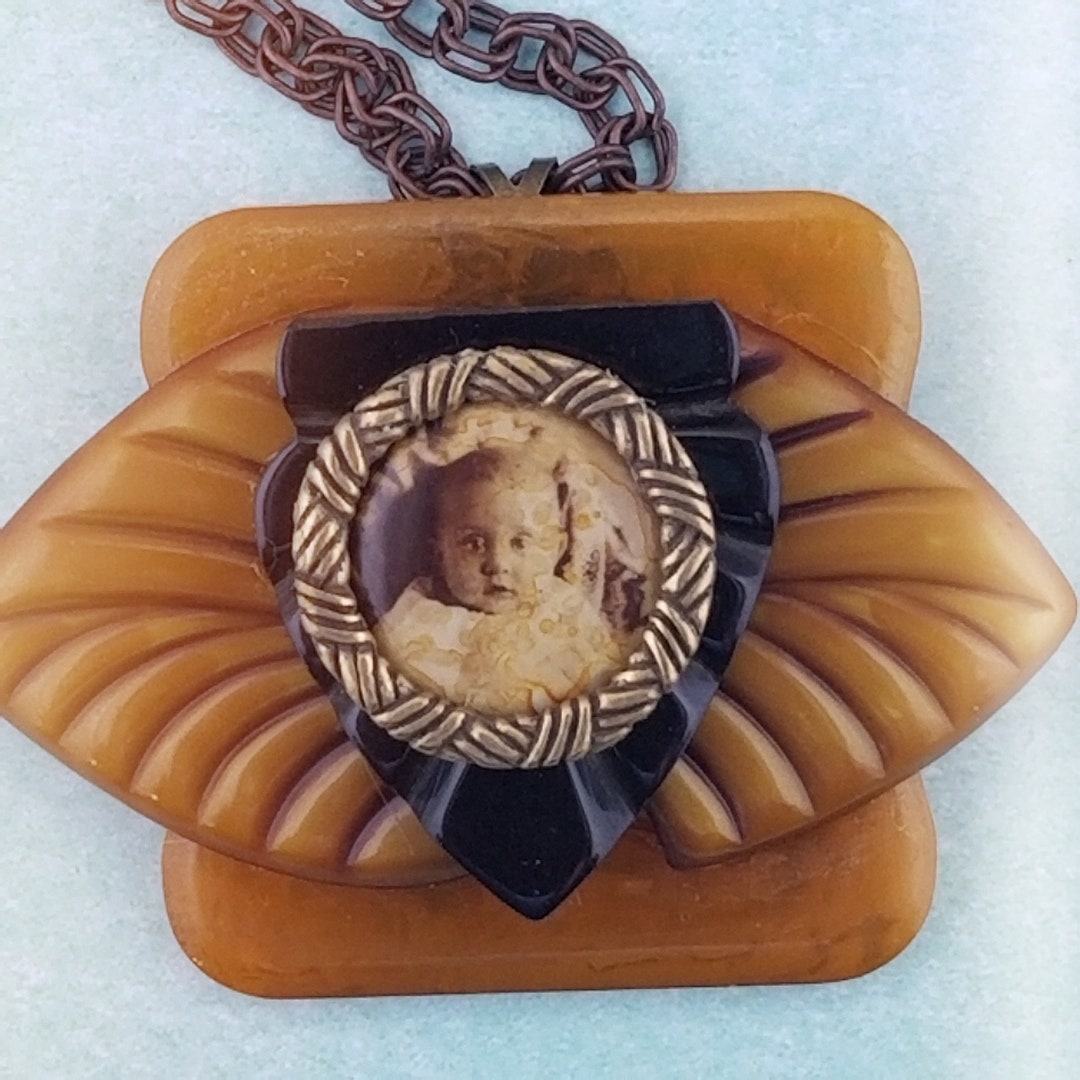 Unique Baby Boy Necklace With Vintage Photo Pin and Bakelite Buckles