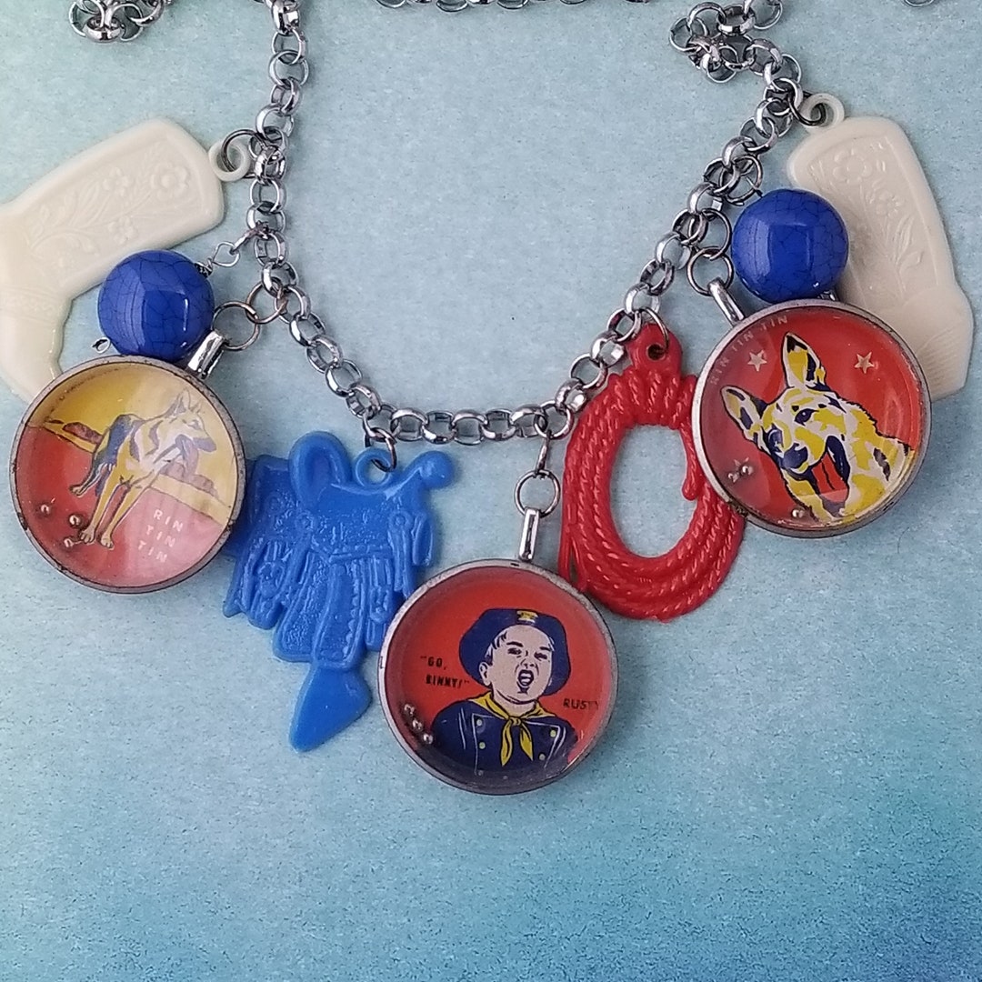 Western Assemblage Jewelry Tin Toy Jewelry Cracker Jack Charms Cowgirl Necklace Handmade Wester