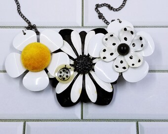Handcrafted Flower Necklace; Black and White Jewelry; Artisan Necklace; Assemblage  Necklace; Gift for Her; Repurposed Vintage; Unique