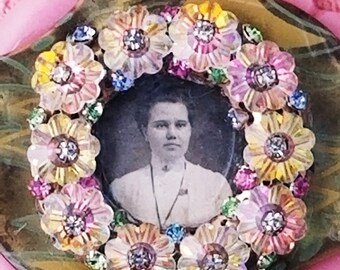 Tintype Necklace; Handcrafted Necklace; Pink flower Necklace; One of a Kind Necklace; Assemblage Necklace; Gift for Her; Artisan Jewelry