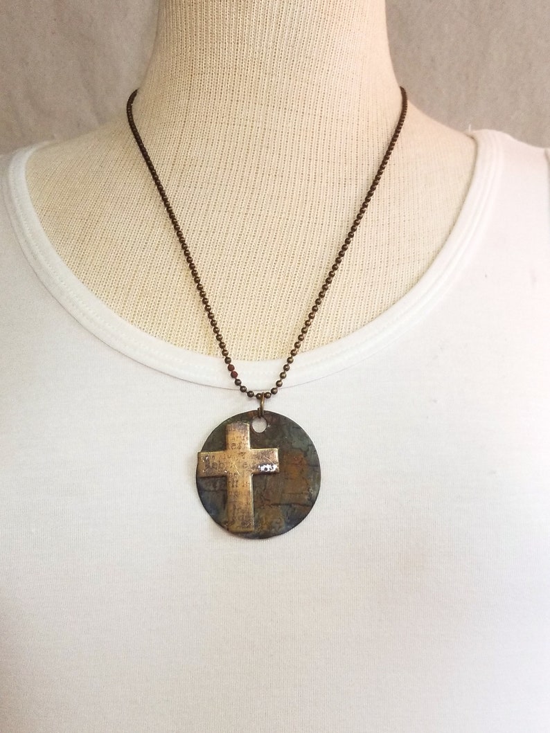 Bronze cross medallion necklace Unisex religious necklace Bronze cross necklace Meditation necklace Religious necklace One of a kind image 7