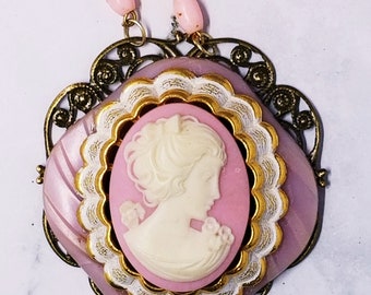 Cameo Necklace; Repurposed Vintage Necklace; Handcrafted Necklace; Gift for Her; Artisan Jewelry; One of a Kind; Upcycled Vintage, Pink