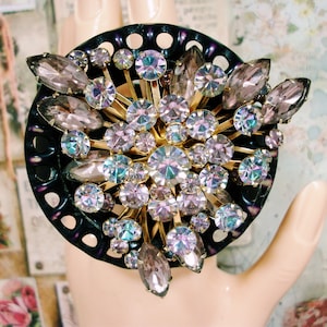 Rhinestone Cuff Bracelet: 1950s Brooch on Black Plastic
