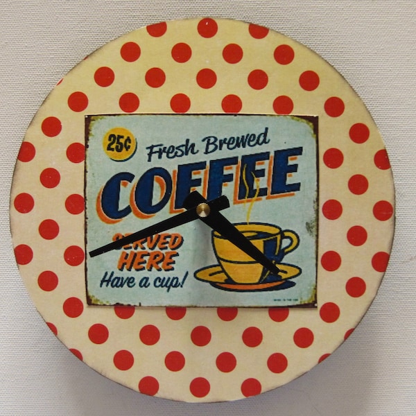 Coffee clock. Retro 1950s clock w ad for coffee. Kitchen clock. Coffee drinkers. Small 7 in clock. Eco-friendly clock.