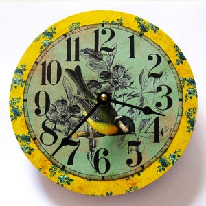Bird clock. Shabby chic wall clock.  Flower clock. Small 7 inch clock. Recycled record.