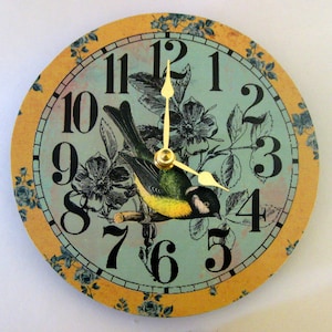 Bird clock. Shabby chic wall clock.  Flower clock. Small 7 inch clock. Recycled record.