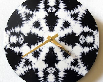 Tie dye clock. 10 inch clock. Hippy clock. Bohemian clock. Bl and wh clock. Unique modern minimalist art clock. Recycled record.