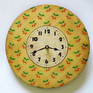 Cherries clock. Shabby Chic clock. Retro 1950&#39;s wall clock. Kitchen clock. Eco-friendly clock.
