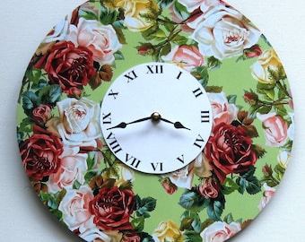 Roses clock. Big flower clock. Dining room clock. Unique wall clock. 12 inch clock. Roman numerals clock. Recycled record. Modern clock.