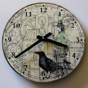 Steampunk wall clock. Unique clock with steampunk images. Black crow. 12 inch clock. Eco-friendly recycled record.